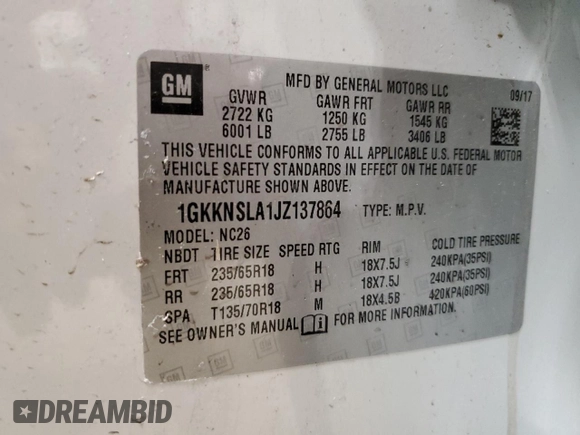 2018 GMC Acadia SLE with VIN 1GKKNSLA1JZ137864, listed as a Copart auction lot 88220055 with 121,966 mi miles and Non Repairable. Bid and sale history available at DreamBid. Image 13.