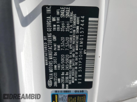 2021 Kia Telluride SX with VIN 5XYP5DHCXMG157444, listed as a Copart auction lot 61508445 with 50,145 mi miles and Non repairable. Bid and sale history available at DreamBid. Image 13.
