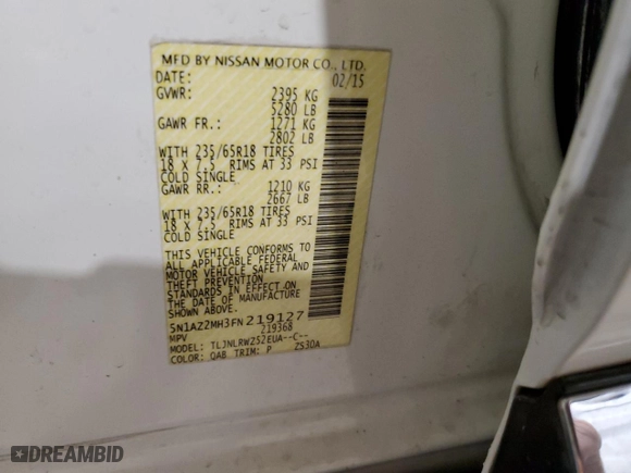 2015 Nissan Murano Platinum with VIN 5N1AZ2MH3FN219127, listed as a Copart auction lot 50873155 with 129,558 mi miles and Salvage Title. Bid and sale history available at carsss.com. Image 13.