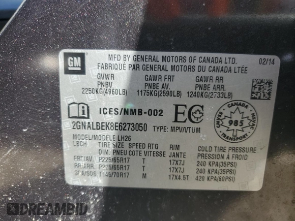 2014 Chevrolet Equinox LT with VIN 2GNALBEK8E6273050, listed as a Copart auction lot 49848855 with 102,724 mi miles and Clean Title. Bid and sale history available at carsss.com. Image 13.