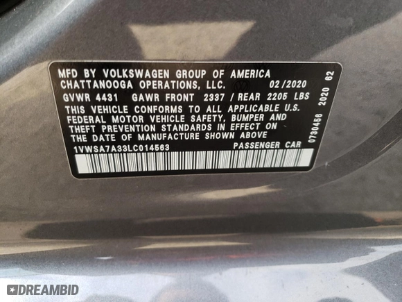 2020 Volkswagen Passat 2.0T SE with VIN 1VWSA7A33LC014563, listed as a Copart auction lot 73009942 with 66,636 mi miles. Bid and sale history available at carsss.com. Image 12.