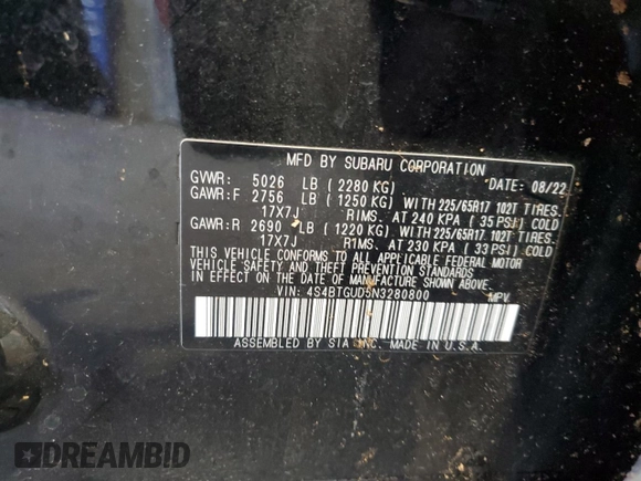 2022 Subaru Outback Wilderness с VIN 4S4BTGUD5N3280800, выставлен на аукционе Copart как лот 52160965 с пробегом Не указан миль и Списание • Salvage title. История ставок и продаж доступна на DreamBid. Изображение 13.