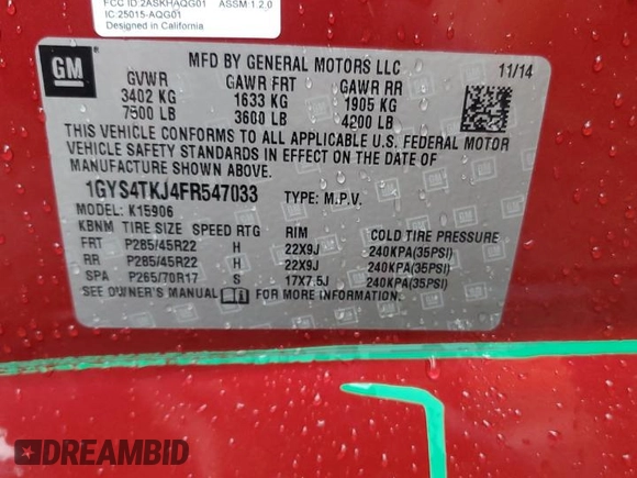 2015 Cadillac Escalade ESV Premium z VIN 1GYS4TKJ4FR547033, wystawiony jako Copart lot #58753655 z przebiegiem 158 508 mil mil oraz Szkoda całkowita • Salvage title. Historia ofert i sprzedaży dostępna na DreamBid. Obrazek 13.