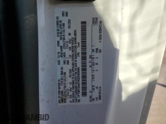 2019 Ford Super Duty F-250 SRW XL with VIN 1FTBF2A67KED65996, listed as a Copart auction lot 77324594 with 46,271 mi miles and Salvage Title. Bid and sale history available at carsss.com. Image 14.
