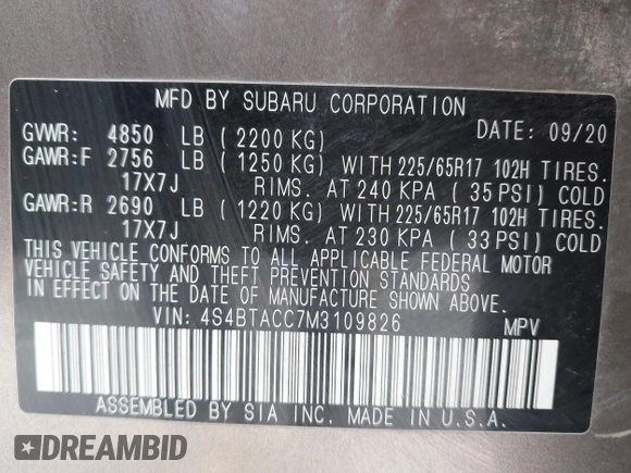 2021 Subaru Outback Premium z VIN 4S4BTACC7M3109826, wystawiony jako IAAI lot #42260560 z przebiegiem 55 253 mil mil oraz . Historia ofert i sprzedaży dostępna na DreamBid. Obrazek 9.