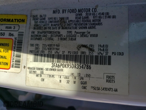 2013 Ford Fusion Titanium with VIN 3FA6P0K95DR354786, listed as a Copart auction lot 52422145 with 195,189 mi miles and Salvage Title. Bid and sale history available at DreamBid. Image 14.