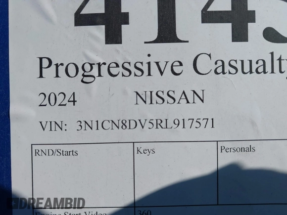 2024 Nissan Versa S with VIN 3N1CN8DV5RL917571, listed as a IAAI auction lot 41435342 with 1 mi miles. Bid and sale history available at carsss.com. Image 9.