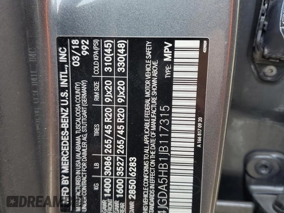 2018 Mercedes-Benz GLE 350 with VIN 4JGDA5HB1JB117315, listed as a Copart auction lot 57871285 with 144,261 mi miles and Salvage title. Bid and sale history available at DreamBid. Image 13.