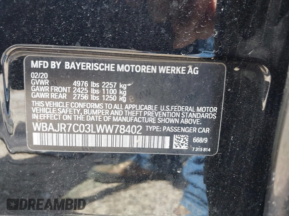 2020 BMW 5 Series 530i xDrive с VIN WBAJR7C03LWW78402, выставлен на аукционе IAAI как лот 42177876 с пробегом 44 088 миль миль и . История ставок и продаж доступна на DreamBid. Изображение 9.