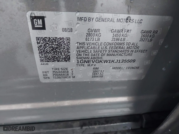 2019 Chevrolet Traverse LT Cloth with VIN 1GNEVGKW1KJ135509, listed as a IAAI auction lot 41283639 with 77,327 mi miles. Bid and sale history available at carsss.com. Image 9.
