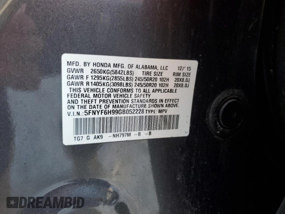 2016 Honda Pilot Touring with VIN 5FNYF6H99GB052228, listed as a Copart auction lot 45198395 with 115,088 mi miles and Salvage Title. Bid and sale history available at carsss.com. Image 13.