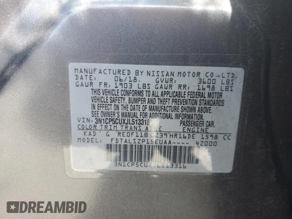 2018 Nissan Kicks SV with VIN 3N1CP5CUXJL513316, listed as a Copart auction lot 58053915 with 119,299 mi miles and Salvage title. Bid and sale history available at DreamBid. Image 13.
