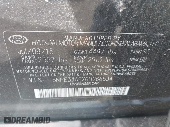 2016 Hyundai Sonata Sport with VIN 5NPE34AFXGH266534, listed as a IAAI auction lot 42079797 with 95,194 mi miles and . Bid and sale history available at DreamBid. Image 9.