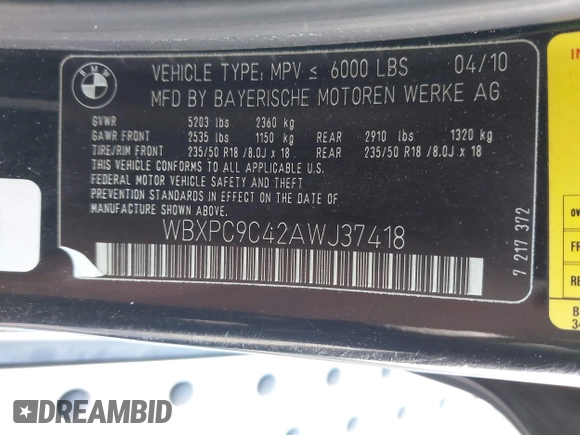 2010 BMW X3 xDrive30i with VIN WBXPC9C42AWJ37418, listed as a IAAI auction lot 42042212 with 229,198 mi miles. Bid and sale history available at carsss.com. Image 9.