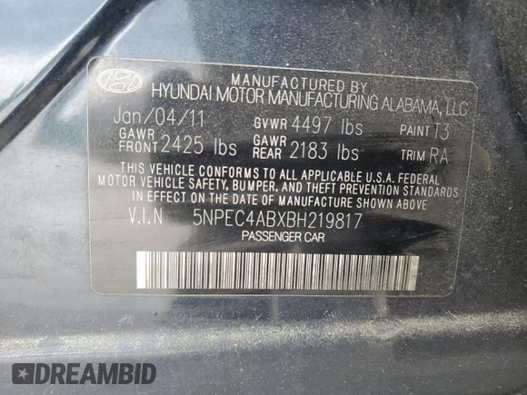 2011 Hyundai Sonata SE with VIN 5NPEC4ABXBH219817, listed as a Copart auction lot 53898665 with 266,082 mi miles and Salvage Title. Bid and sale history available at DreamBid. Image 13.