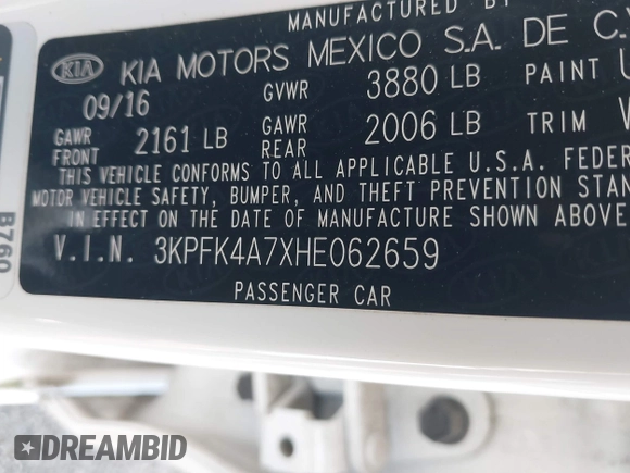 2017 Kia Forte LX with VIN 3KPFK4A7XHE062659, listed as a IAAI auction lot 41595629 with 38,102 mi miles. Bid and sale history available at carsss.com. Image 9.