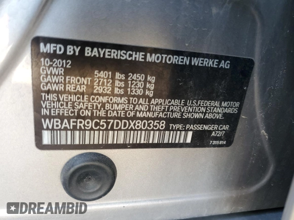 2013 BMW 5 Series 550i with VIN WBAFR9C57DDX80358, listed as a Copart auction lot 47297995 with 120,158 mi miles and Clean Title. Bid and sale history available at carsss.com. Image 12.