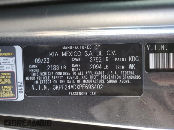 2023 Kia Forte LXS with VIN 3KPF24ADXPE693402, listed as a Copart auction lot 43716955 with 32,535 mi miles and Salvage Title. Bid and sale history available at carsss.com. Image 14.