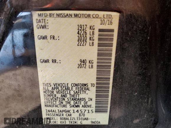 2017 Nissan Altima SR with VIN 1N4AL3AP6HC145715, listed as a Copart auction lot 59376695 with 153,618 mi miles and Salvage title. Bid and sale history available at DreamBid. Image 12.