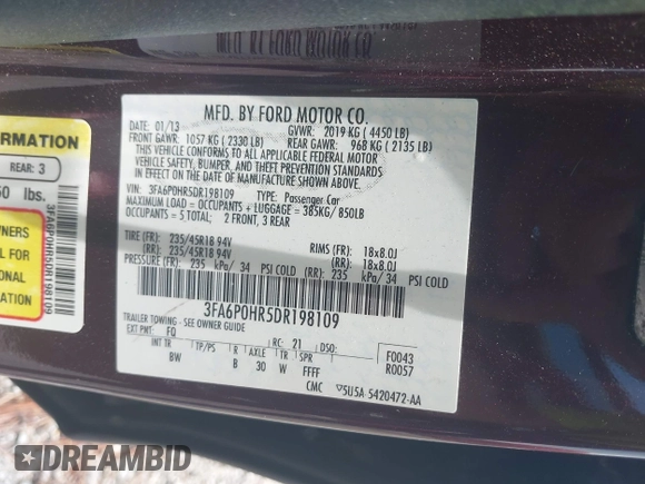 2013 Ford Fusion SE z VIN 3FA6P0HR5DR198109, wystawiony jako IAAI lot #42459993 z przebiegiem 119 372 mil mil oraz . Historia ofert i sprzedaży dostępna na DreamBid. Obrazek 9.