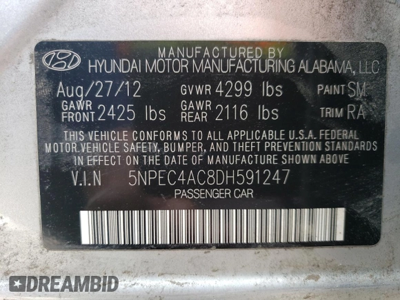 2013 Hyundai Sonata Limited with VIN 5NPEC4AC8DH591247, listed as a Copart auction lot 52420295 with 129,182 mi miles and Salvage Title. Bid and sale history available at carsss.com. Image 12.