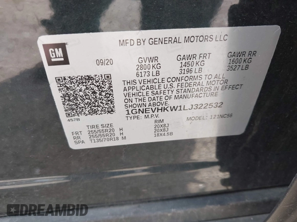 2020 Chevrolet Traverse LT with VIN 1GNEVHKW1LJ322532, listed as a IAAI auction lot 42116522 with 92,808 mi miles and . Bid and sale history available at DreamBid. Image 9.