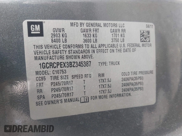 2011 Chevrolet Silverado 1500 Work Truck with VIN 1GCRCPEX3BZ345387, listed as a IAAI auction lot 42123930 with 88,927 mi miles and . Bid and sale history available at DreamBid. Image 9.