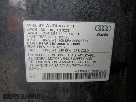2012 Audi Q7 Prestige с VIN WA1VMAFE7CD005285, выставлен на аукционе Copart как лот 78862194 с пробегом 118 181 миль миль и Чистый • Clean title. История ставок и продаж доступна на DreamBid. Изображение 13.