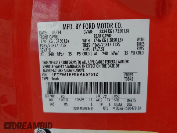 2014 Ford F-150 XL with VIN 1FTFW1EF9EKE57512, listed as a Copart auction lot 51304995 with 152,456 mi miles and Salvage Title. Bid and sale history available at carsss.com. Image 12.