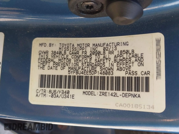2013 Toyota Corolla L with VIN 5YFBU4EE5DP148083, listed as a IAAI auction lot 42105492 with 73,274 mi miles and . Bid and sale history available at carsss.com. Image 9.