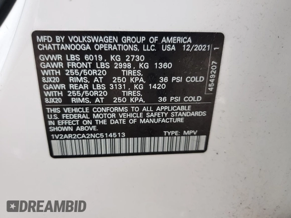 2022 Volkswagen Atlas SEL R-Line z VIN 1V2AR2CA2NC514513, wystawiony jako Copart lot #47811755 z przebiegiem 40 930 mil mil oraz Szkoda całkowita • Salvage title. Historia ofert i sprzedaży dostępna na DreamBid. Obrazek 13.