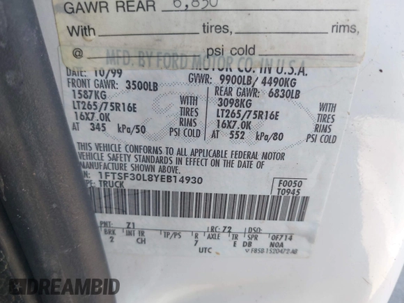2000 Ford F-350 XL with VIN 1FTSF30L8YEB14930, listed as a IAAI auction lot 42290265 with 112,402 mi miles and . Bid and sale history available at DreamBid. Image 9.