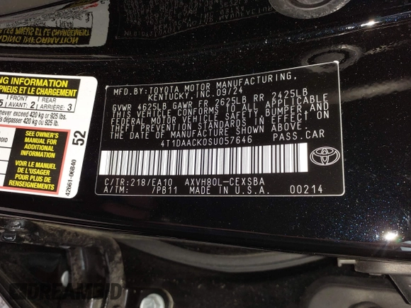 2025 Toyota Camry LE z VIN 4T1DAACK0SU057646, wystawiony jako IAAI lot #42147253 z przebiegiem 6 675 mil mil oraz . Historia ofert i sprzedaży dostępna na DreamBid. Obrazek 9.