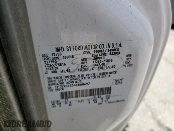2004 Ford F-350 XL с VIN 1FTSX31S54EB68697, выставлен на аукционе Copart как лот 59771815 с пробегом 191 508 миль миль и Чистый • Clean title. История ставок и продаж доступна на DreamBid. Изображение 12.