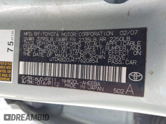 2007 Toyota Prius with VIN JTDKB20U477620854, listed as a IAAI auction lot 42595208 with Not provided miles and . Bid and sale history available at DreamBid. Image 9.