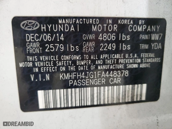 2015 Hyundai Azera Limited with VIN KMHFH4JG1FA448378, listed as a Copart auction lot 76099764 with 117,489 mi miles and Salvage Title. Bid and sale history available at carsss.com. Image 12.