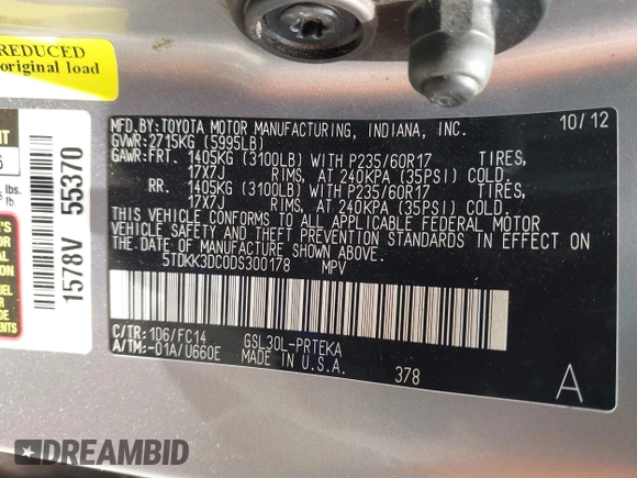 2013 Toyota Sienna LE AAS with VIN 5TDKK3DC0DS300178, listed as a IAAI auction lot 42189800 with 265,568 mi miles and . Bid and sale history available at DreamBid. Image 9.