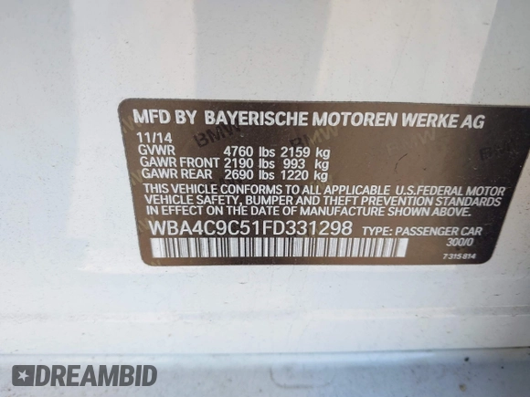2015 BMW 4 Series 428i xDrive with VIN WBA4C9C51FD331298, listed as a IAAI auction lot 41892173 with 120,484 mi miles and . Bid and sale history available at DreamBid. Image 9.