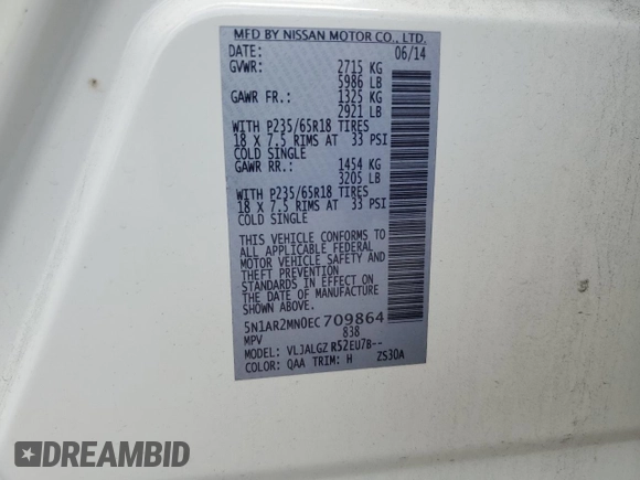 2014 Nissan Pathfinder Platinum with VIN 5N1AR2MN0EC709864, listed as a Copart auction lot 64460765 with 180,654 mi miles and Clean title. Bid and sale history available at DreamBid. Image 13.