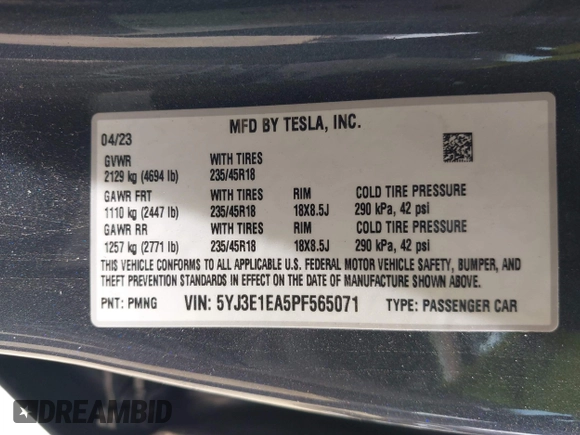 2023 Tesla Model 3 with VIN 5YJ3E1EA5PF565071, listed as a IAAI auction lot 42232719 with 15,389 mi miles and . Bid and sale history available at DreamBid. Image 9.