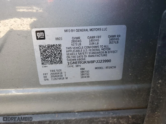 2023 Chevrolet Traverse LT Cloth with VIN 1GNERGKW8PJ323990, listed as a Copart auction lot 47111455 with 56,187 mi miles and Non Repairable. Bid and sale history available at carsss.com. Image 14.