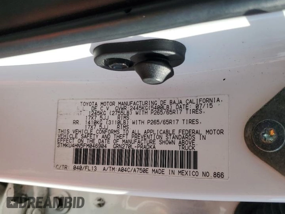 2015 Toyota Tacoma PreRunner with VIN 3TMKU4HN5FM046904, listed as a Copart auction lot 43085345 with 86,400 mi miles and Salvage title. Bid and sale history available at DreamBid. Image 14.