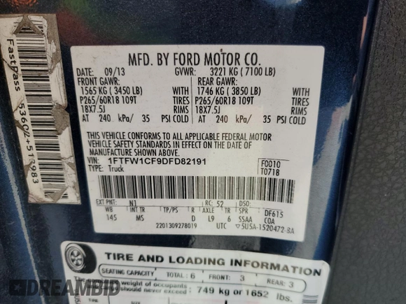 2013 Ford F-150 XL with VIN 1FTFW1CF9DFD82191, listed as a Copart auction lot 49337715 with 222,339 mi miles and Salvage title. Bid and sale history available at DreamBid. Image 12.