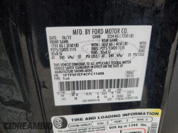 2012 Ford F-150 XL with VIN 1FTFW1EF4CFC11456, listed as a Copart auction lot 46670385 with 195,778 mi miles and Salvage Title. Bid and sale history available at carsss.com. Image 12.