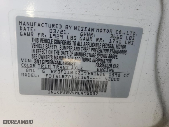 2021 Nissan Kicks S with VIN 3N1CP5BV4ML495037, listed as a Copart auction lot 47994415 with 62,158 mi miles and Salvage Title. Bid and sale history available at carsss.com. Image 13.