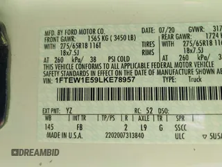 2020 Ford F-150 XL with VIN 1FTEW1E59LKE78957, listed as a IAAI auction lot 42021245 with 92,322 mi miles and . Bid and sale history available at DreamBid. Image 9.