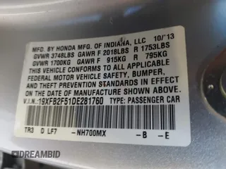 2013 Honda Civic LX with VIN 19XFB2F51DE281760, listed as a IAAI auction lot 41649800 with 81,005 mi miles and . Bid and sale history available at DreamBid. Image 9.