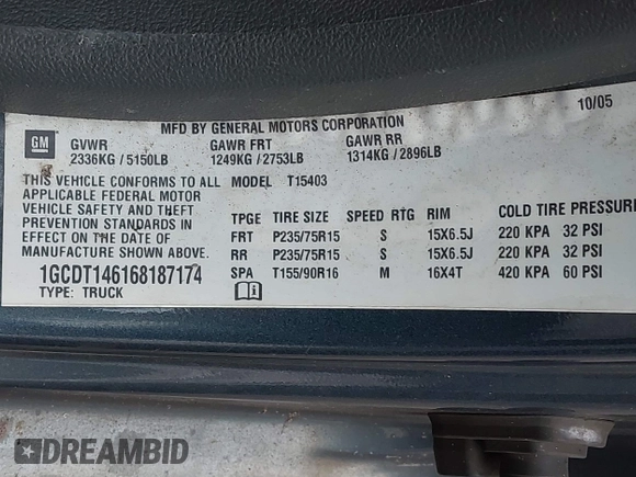 2006 Chevrolet Colorado 1LT with VIN 1GCDT146168187174, listed as a IAAI auction lot 42594654 with 208,604 mi miles and . Bid and sale history available at DreamBid. Image 9.