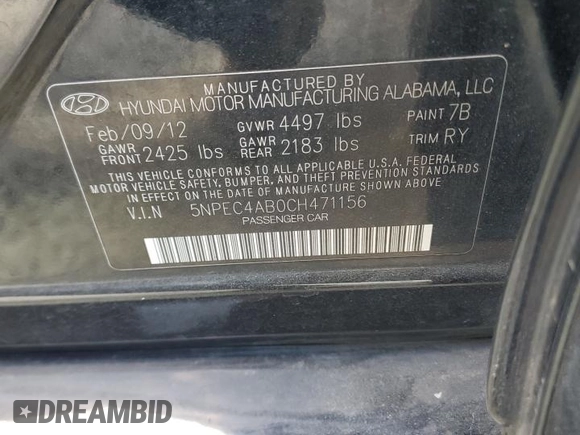 2012 Hyundai Sonata Limited с VIN 5NPEC4AB0CH471156, выставлен на аукционе Copart как лот 55341135 с пробегом 129 587 миль миль и Списание • Salvage title. История ставок и продаж доступна на DreamBid. Изображение 12.