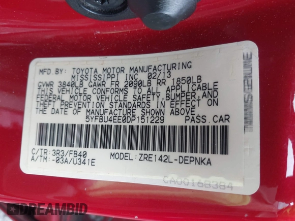 2013 Toyota Corolla L with VIN 5YFBU4EE0DP151229, listed as a IAAI auction lot 42086957 with 184,244 mi miles. Bid and sale history available at carsss.com. Image 9.